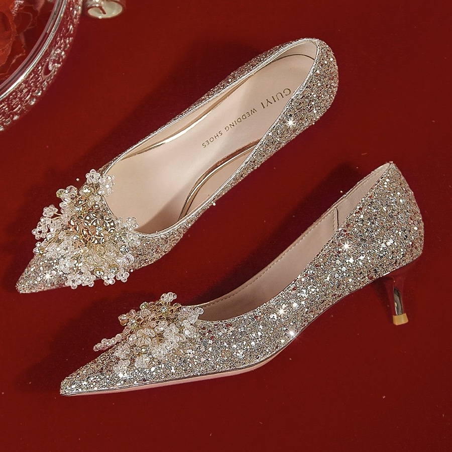 香槟色婚鞋低跟孕妇可穿婚纱秀禾两穿亮片法式优雅敬酒礼服高跟鞋