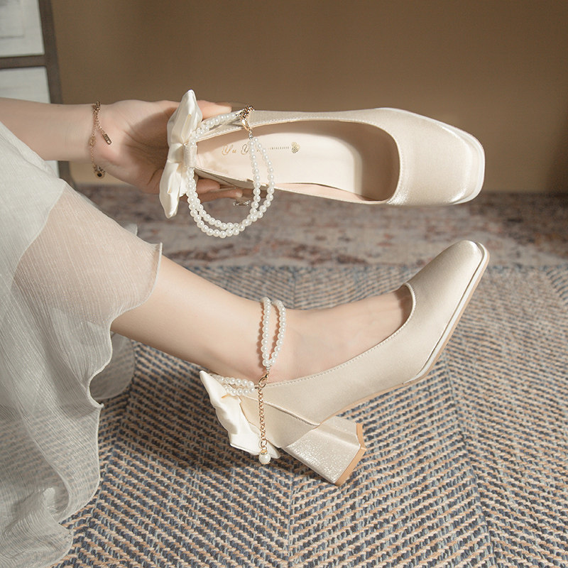 法式粗跟单鞋女仙女风伴娘白色玛丽珍婚鞋新娘高跟鞋婚纱不累脚,女鞋,浅口单鞋,淘宝优惠券,粉丝福利购,淘宝优惠卷
