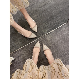 漆皮铆钉鞋子女2024春秋新款尖头浅口平底V家软底黑色柳丁单鞋女