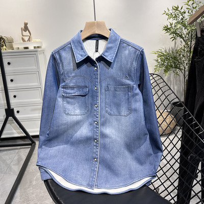 时尚翻领加绒牛仔衬衫女百搭水洗柔软保暖加厚打底天丝牛仔衬衣女