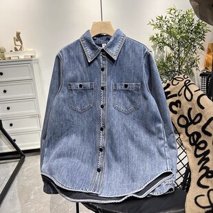 秋冬保暖加绒加厚牛仔衬衫女宽松百搭长袖翻领一体绒打底衬衫女