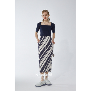 sample sale 针织top衫 MORE设计师品牌 暮蓝色U型领肩带中袖