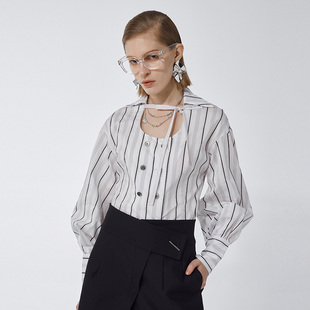 黑白条纹复古U型领小双排衬衫 sample sale N·MORE设计师品牌