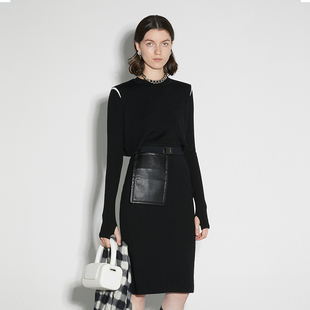 N·MORE设计师品牌 隐秘黑直角肩PU口袋镂空针织连衣裙 秋冬新品