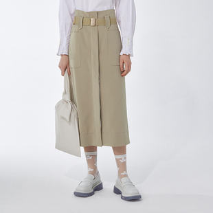 沐透绿松紧卡扣前开衩A字半裙 sample sale NMORE设计师品牌