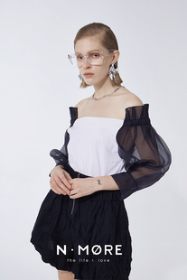 sample sale 针织显瘦上衣 MORE设计师品牌 藏蓝拼接透视袖