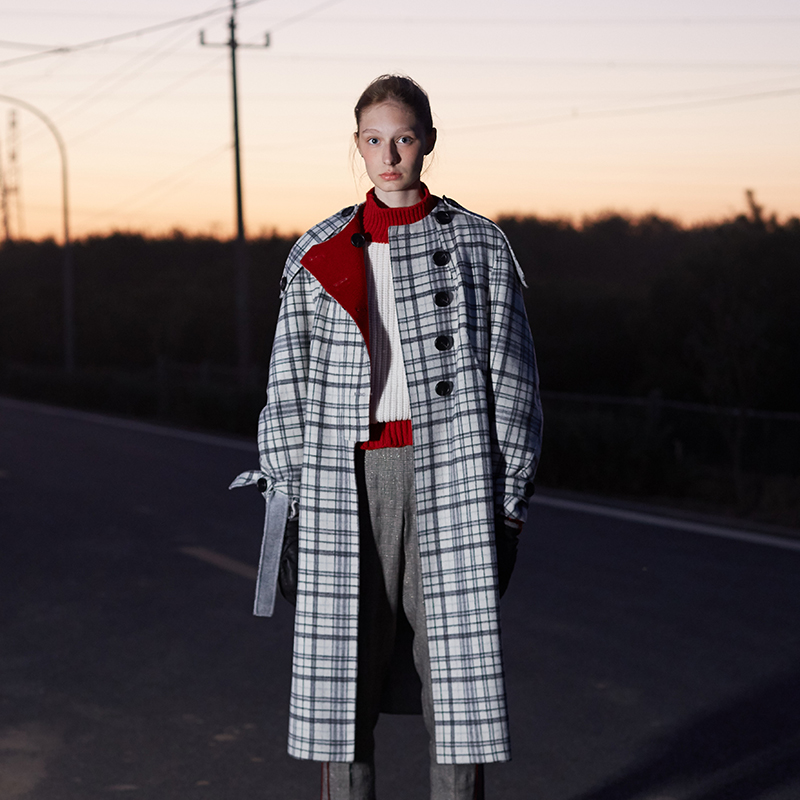 复古格纹撞色羊毛廓形外套