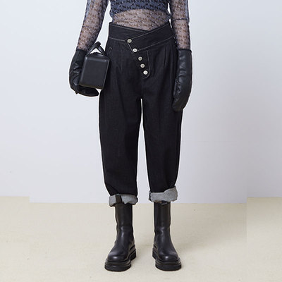 N·MORE设计师品牌 秋冬新品 纯黑装饰线斜襟牛仔老爹裤