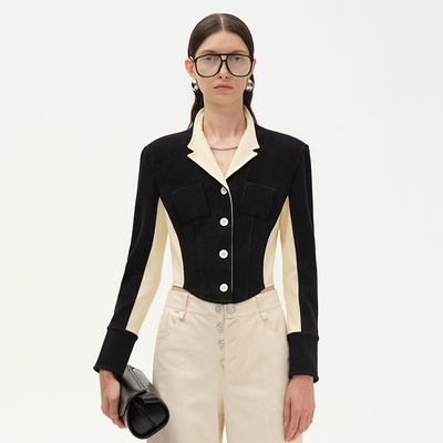 NMORE设计师品牌 隐秘黑撞色拼接针织上衣