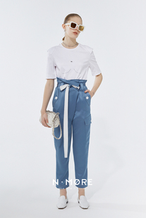 MORE设计师品牌 sample 雾霾蓝三醋酸搭合斜高腰锥口裤 sale