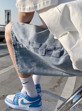 夏季新款棋盘格拼接蓝色水洗宽松牛仔短裤五分裤男 D6803-P45