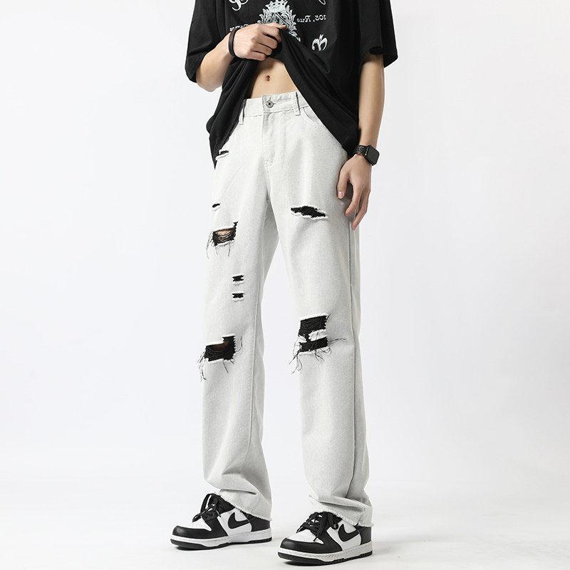 现货~2023夏季新款高街破洞白色牛仔裤男潮牌NK808-P55_控78,男装牛仔裤,星座1102-1