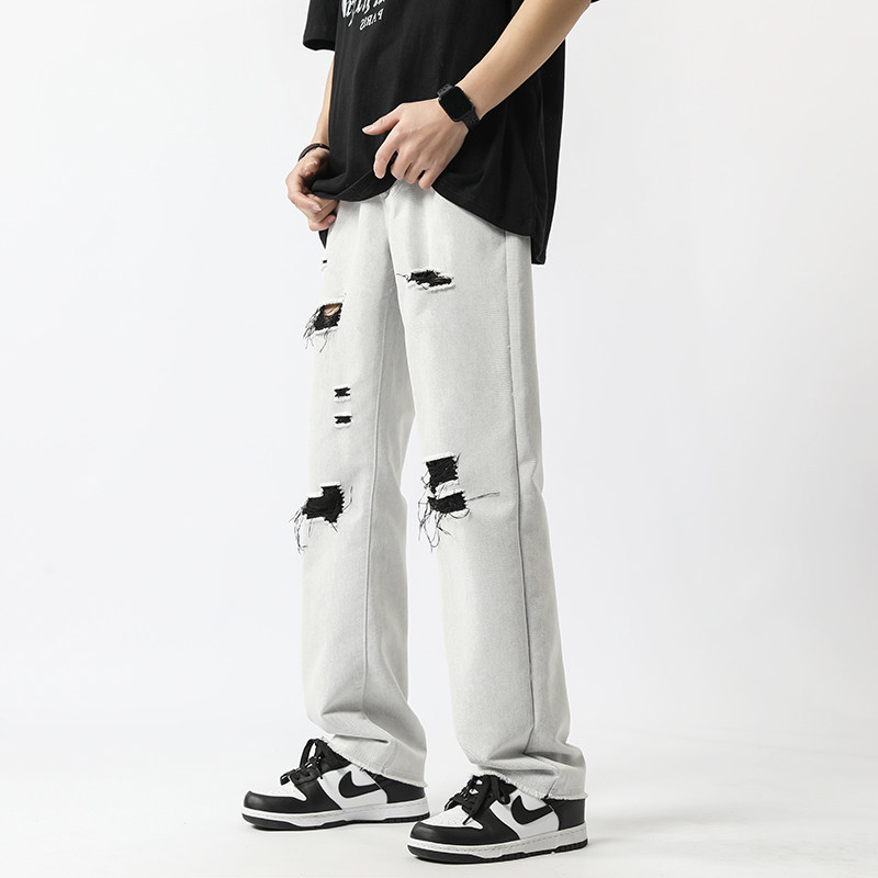 现货~2023夏季新款高街破洞白色牛仔裤男潮牌NK808-P55_控78,男装牛仔裤,星座1102-1
