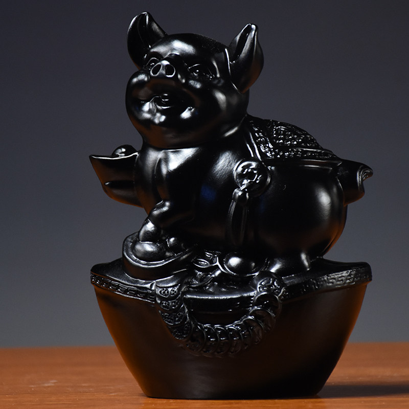 黑猪摆件实木雕刻十二生肖黑色猪