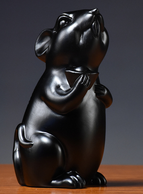 黑色老鼠摆件实木雕刻十二生肖纯黑色鼠客厅电视柜补角装饰工艺品