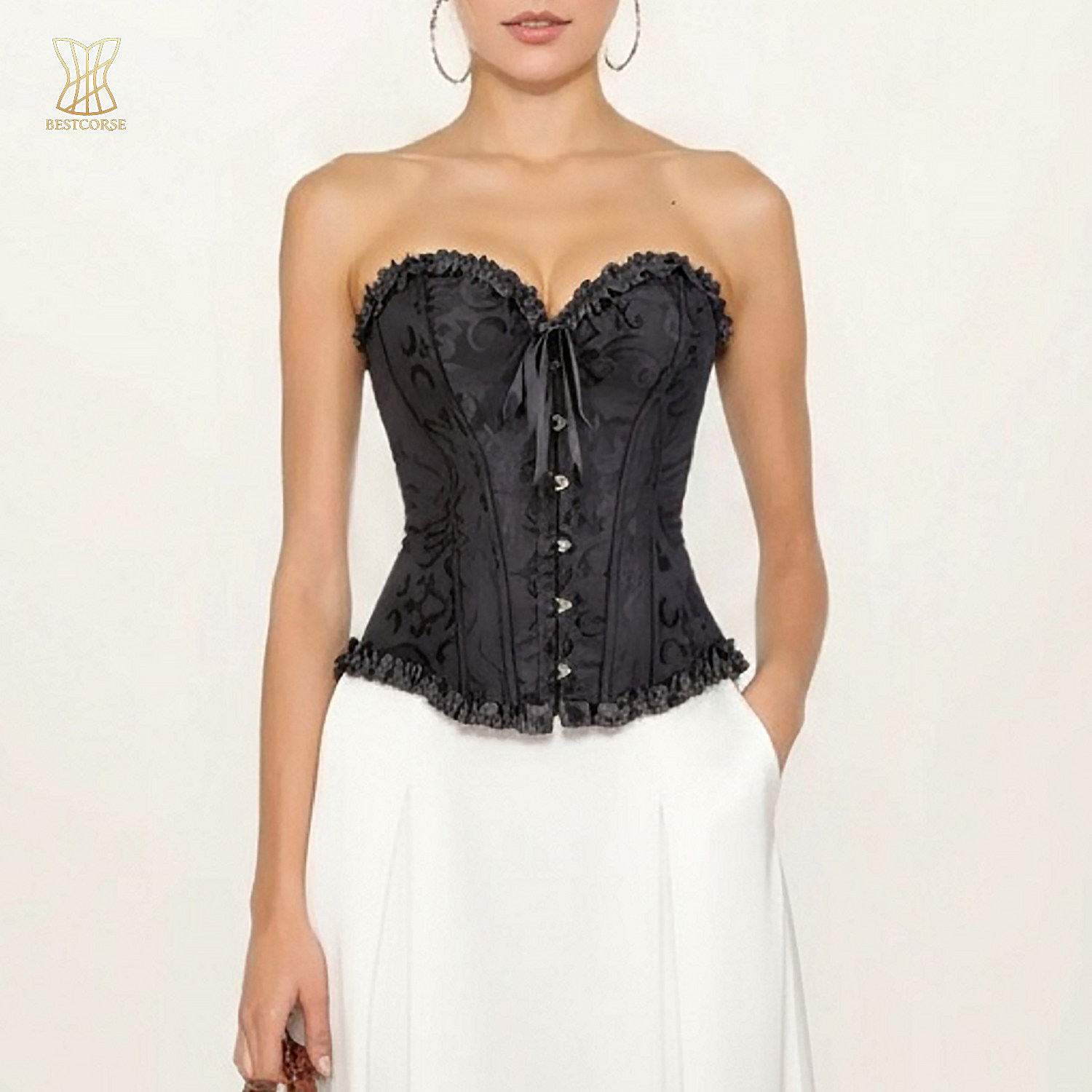 宫廷风法式鱼骨胸衣外穿无肩带收腹黑色绝美鱼骨上衣胖mm大码大胸