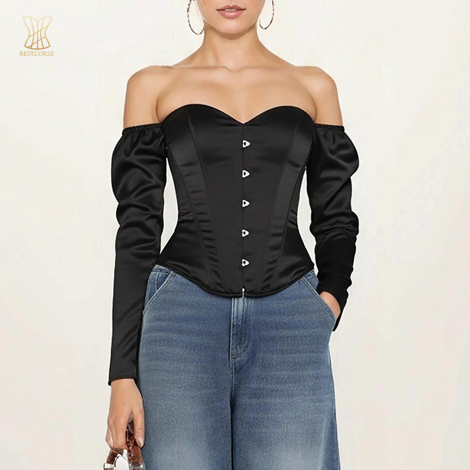 黑色宫廷法式鱼骨胸衣外穿紧身胸衣长袖女鱼骨上衣一字肩收腰大码