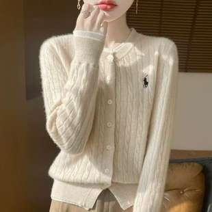 圆领小马标开衫女宽松针织麻花羊绒外套保罗刺绣毛衣假两件上衣女