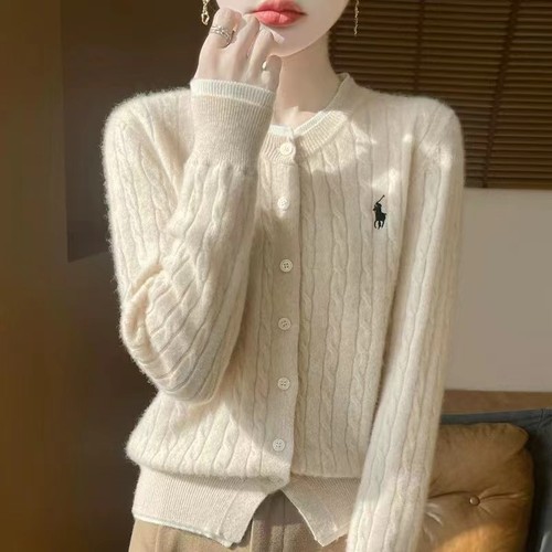 羊毛小马标假两件圆领麻花开衫女