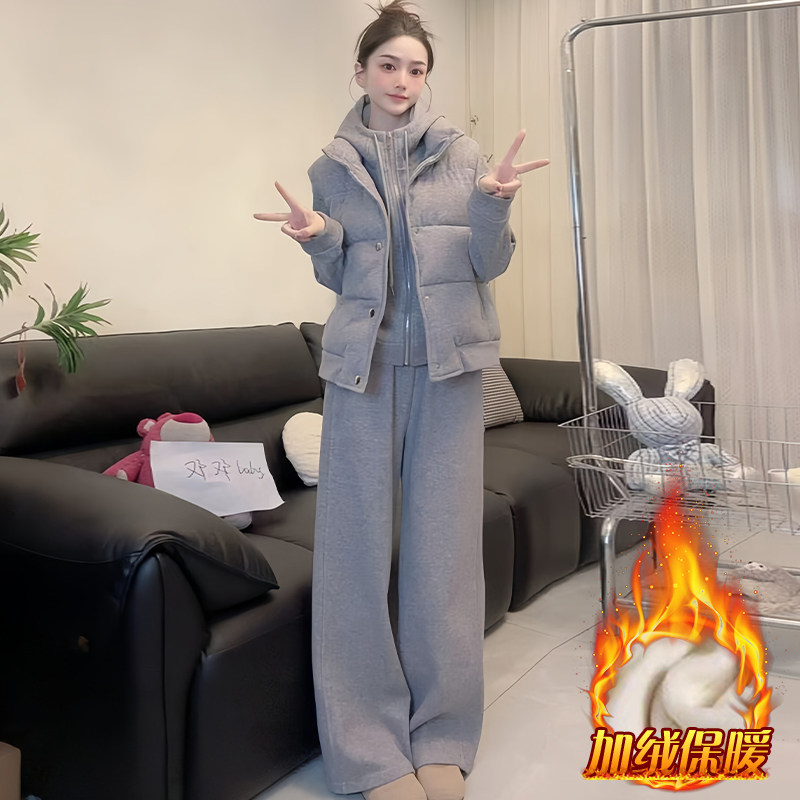 欧货休闲运动超好看一整套女装2025加绒加厚马甲卫衣阔腿裤三件套