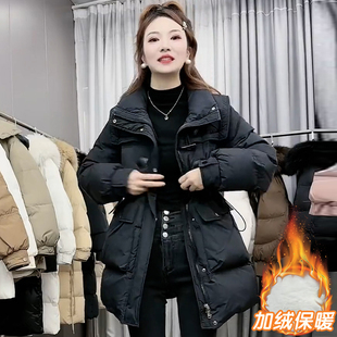 2025冬季新款收腰牛角扣中长款棉衣女款时尚显瘦羽绒棉服立领外套