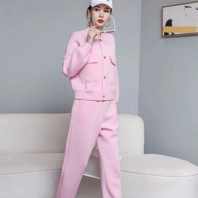 粉色运动服套装女休闲春秋季2021年新款潮宽松卫衣跑步两件套