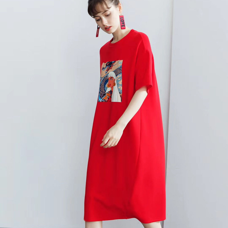 潮2020夏显瘦长款t恤裙原创印花休闲大版型大码胖MM妙糖女装女t恤