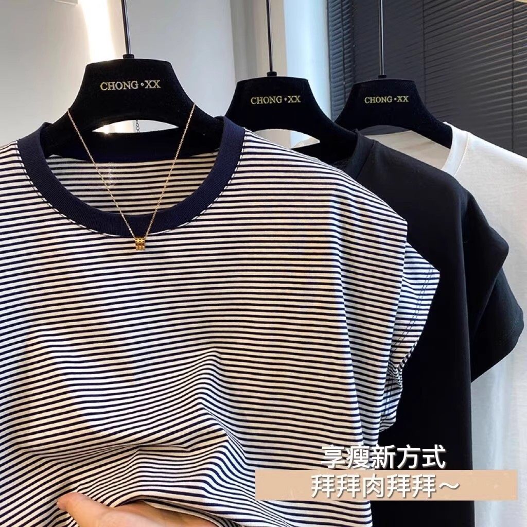 夏季新款小众设计感蝙蝠袖黑白条纹宽松圆领短袖T恤女白色上衣