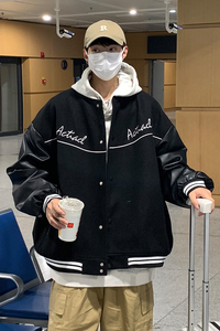 EQ91 呢料拼接外套男2024新款秋装棒球服夹克创意印花学院风 P118图片