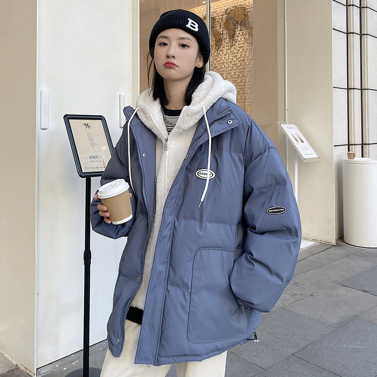 EY105冬季新款港风女ins加厚假两件羊羔毛衣服宽松外套P148,女装棉衣/棉服,电商C306-1