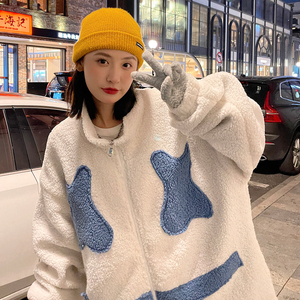 EY101 冬季新款港风潮女羊羔毛笑脸刺绣加厚衣服外套宽松P105图片