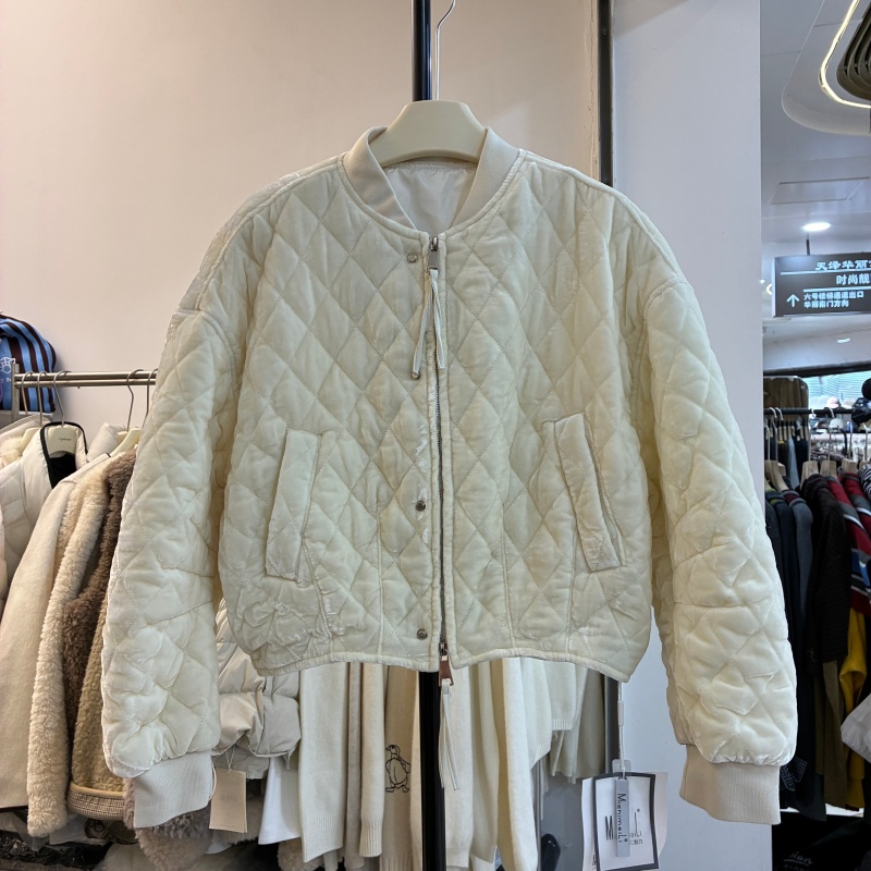 小香风短款菱形格丝绒棉服女2025冬季夹棉外套洋气小棉袄棒球服
