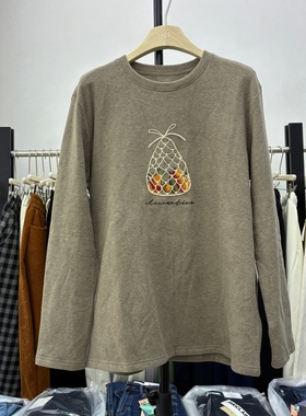 欧货2025冬百搭圆领长袖刺绣加绒加厚T恤女宽松显瘦休闲上衣26179