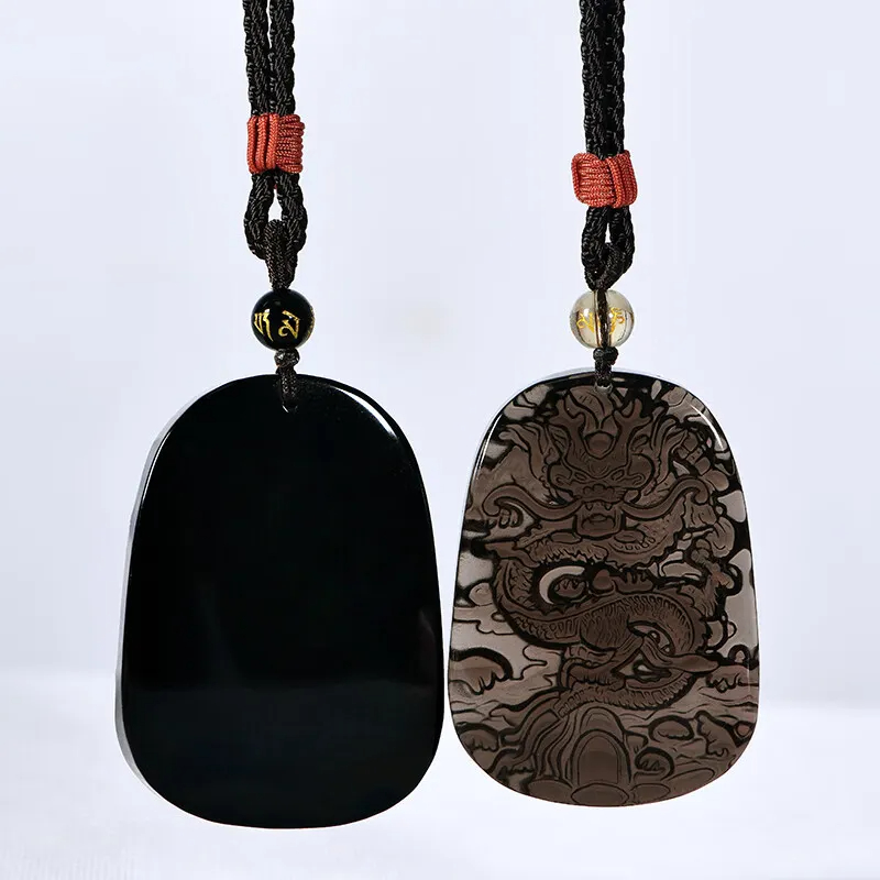 黑曜石龙牌吊坠精工雕刻男女款生肖守护项链本命年礼物送男友女友