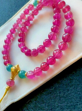 天然全红碧玺双圈手链老矿旺夫石