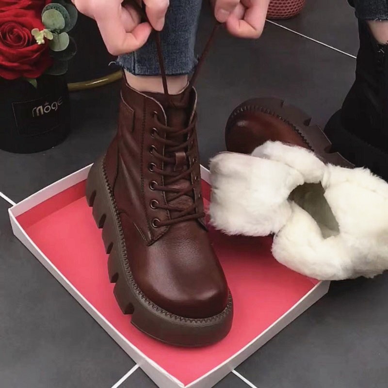 厚底坡跟软底真皮女鞋羊毛马丁靴