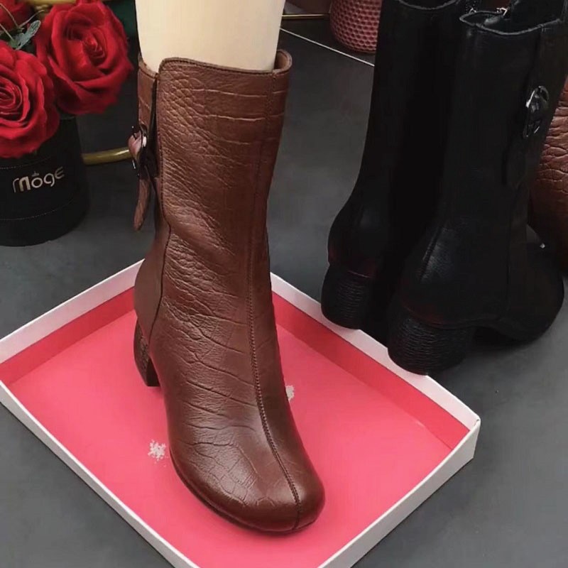 马丁靴跟软底压花复古圆头中筒靴