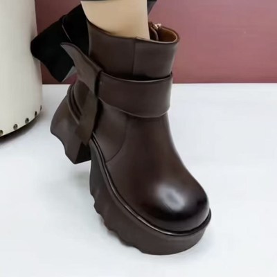 马丁靴女粗跟高跟鞋厚底羊毛短靴