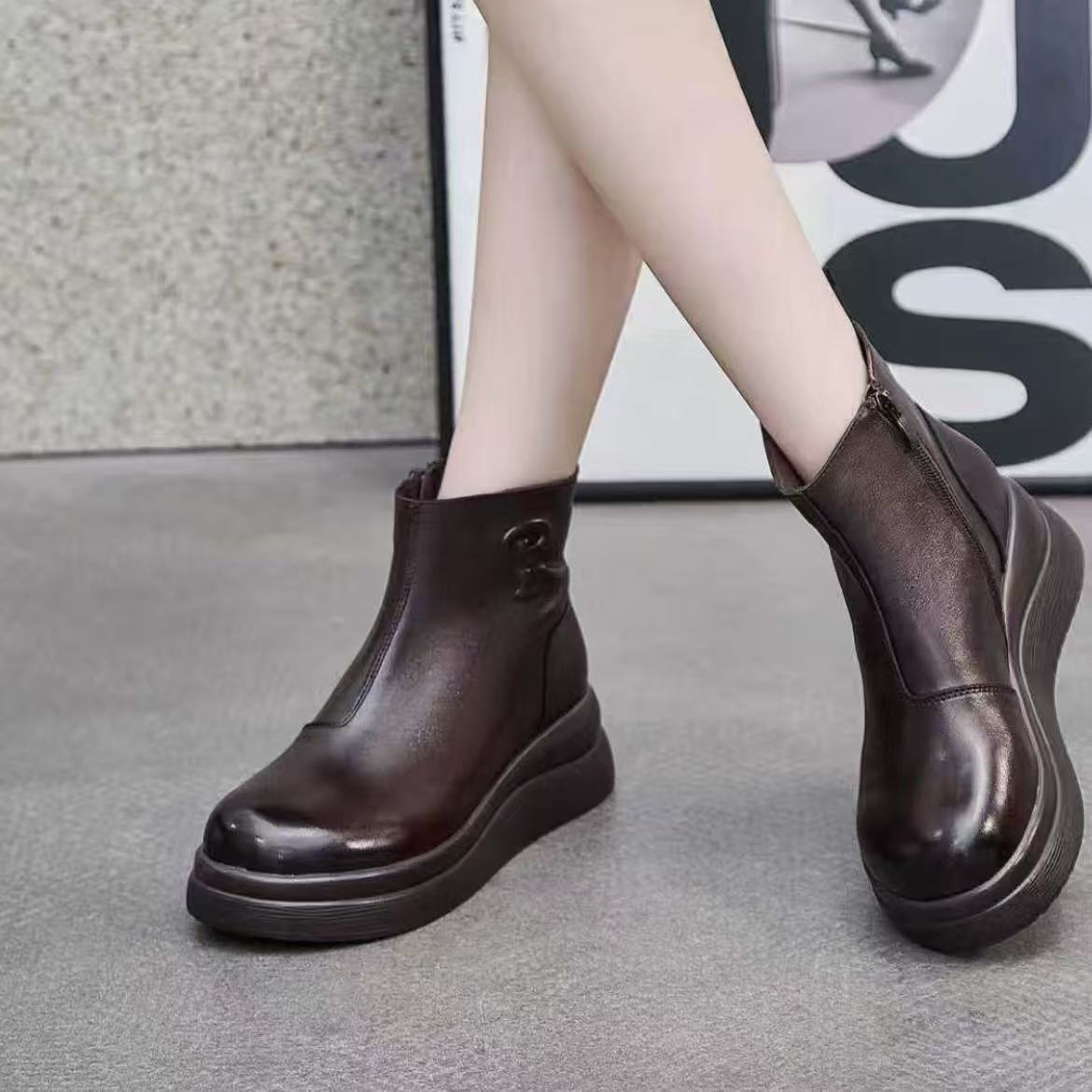 头层牛皮轻便厚底百搭加绒短靴子