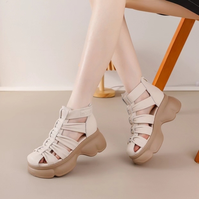 轻厚底凉靴头层牛皮编制女鞋软皮