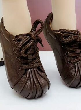 复古真皮软底平底系带圆头单鞋女
