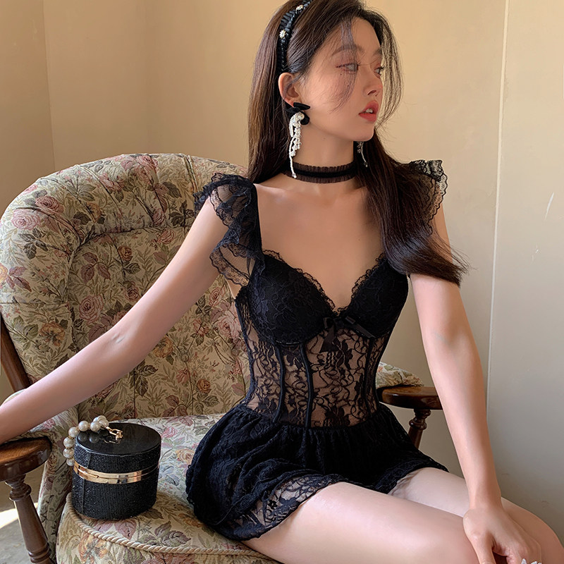 蕾丝网纱裙式连体泳衣性感纯欲