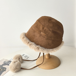 高级感pu皮质毛绒渔夫帽子女秋冬季加厚保暖显脸小雷锋帽护耳盆帽