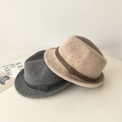 羊毛针织时尚绅士帽子女秋冬季男士英伦复古风卷边休闲爵士帽礼帽