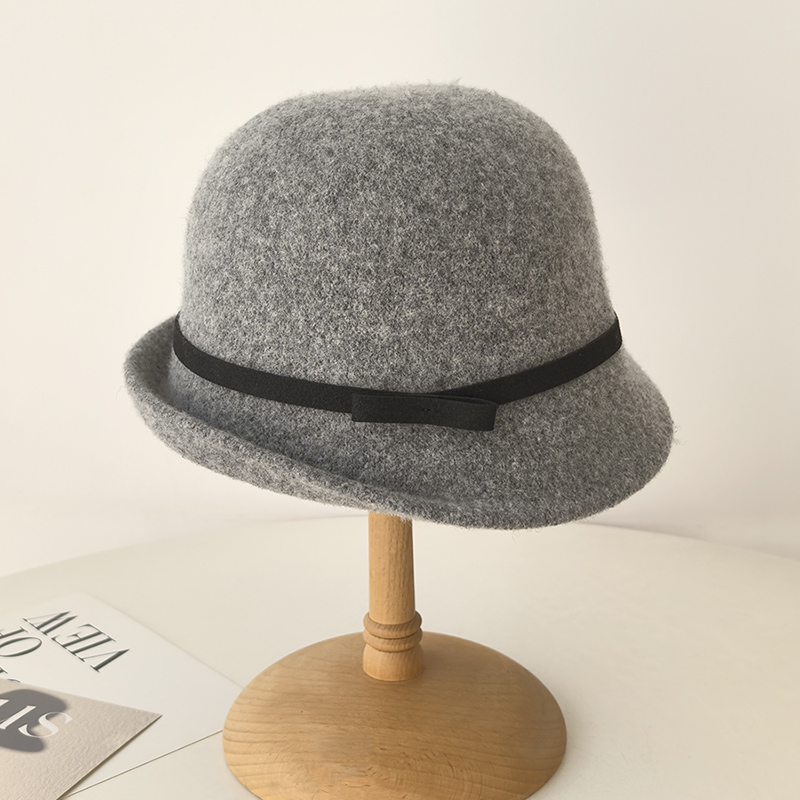 简约名媛风羊毛针织礼帽女秋冬优雅保暖显脸小渔夫帽子蝴蝶结盆帽