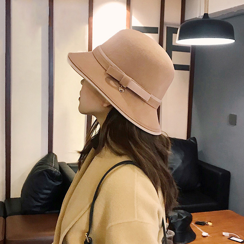 撞色蝴蝶结羊毛呢圆顶礼帽女秋冬季英伦毡帽盆帽韩版时尚渔夫帽子