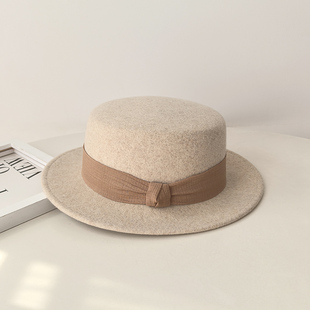 法式简约平顶羊毛呢帽子女秋冬季出游复古平檐礼帽高级感时尚毡帽