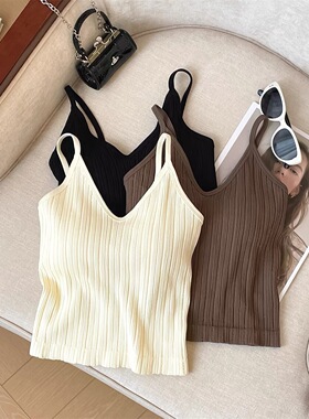 法式新款设计感纯欲风V领一体杯美背内衣女辣妹打底吊带背心上衣