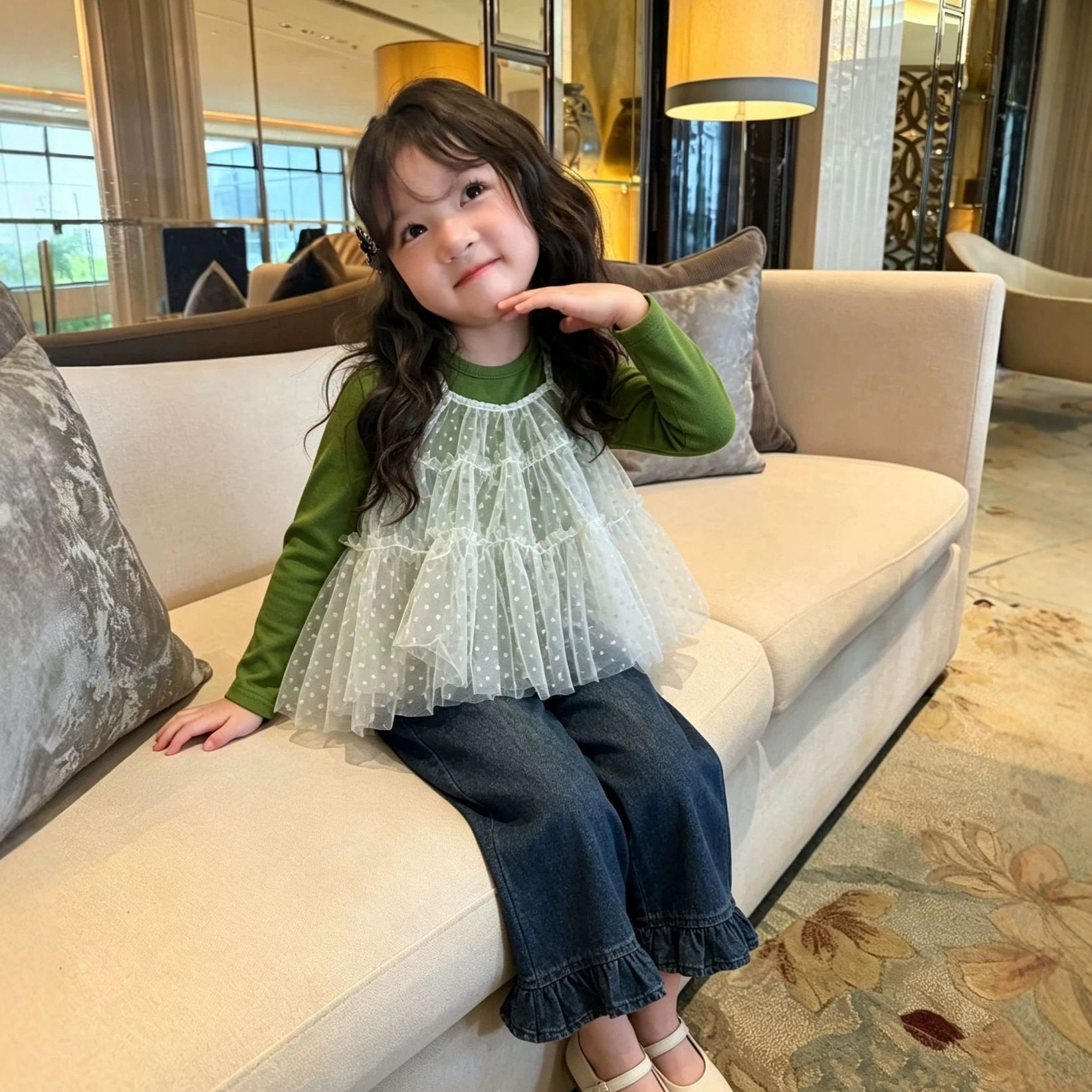 女童波点吊带网纱马甲打底衫套装秋季新款儿童叠穿上衣宝宝牛仔裤