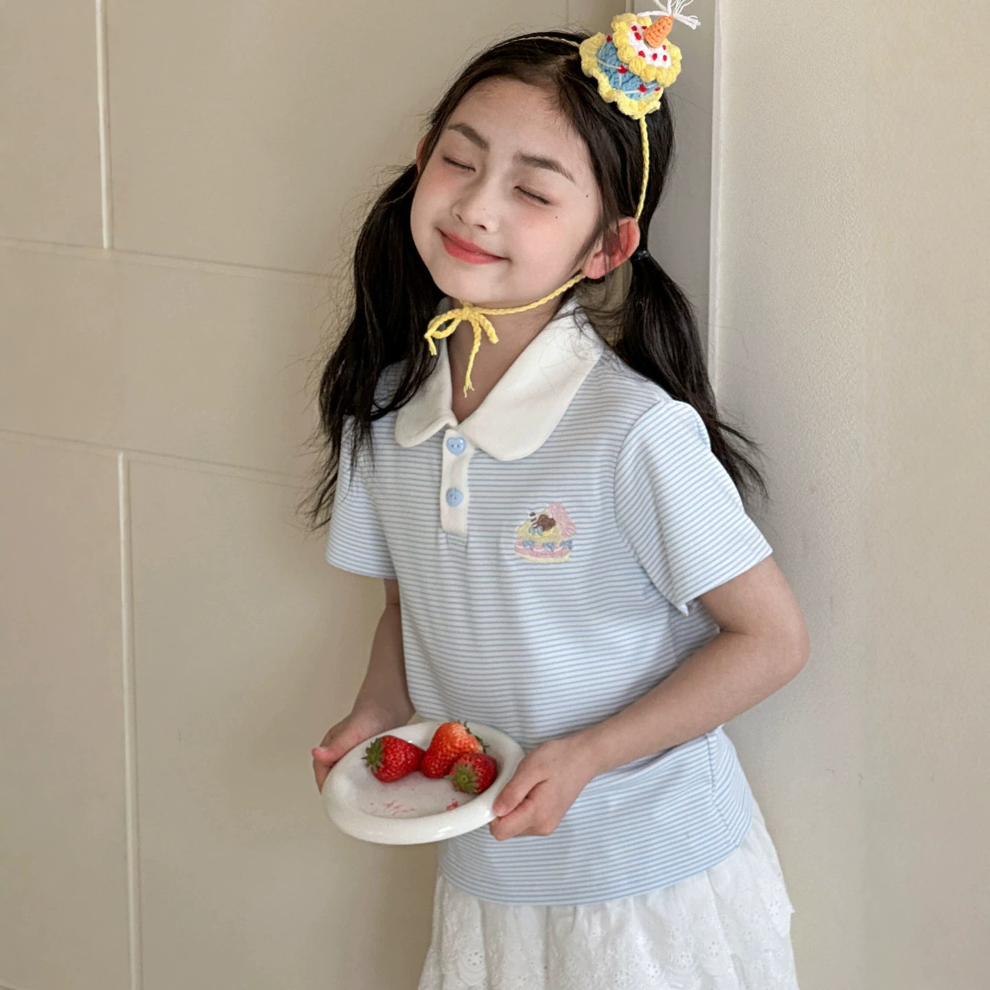 小红鱼女童条纹短袖T恤夏装2026新款初中生夏季polo衫亲子装上衣